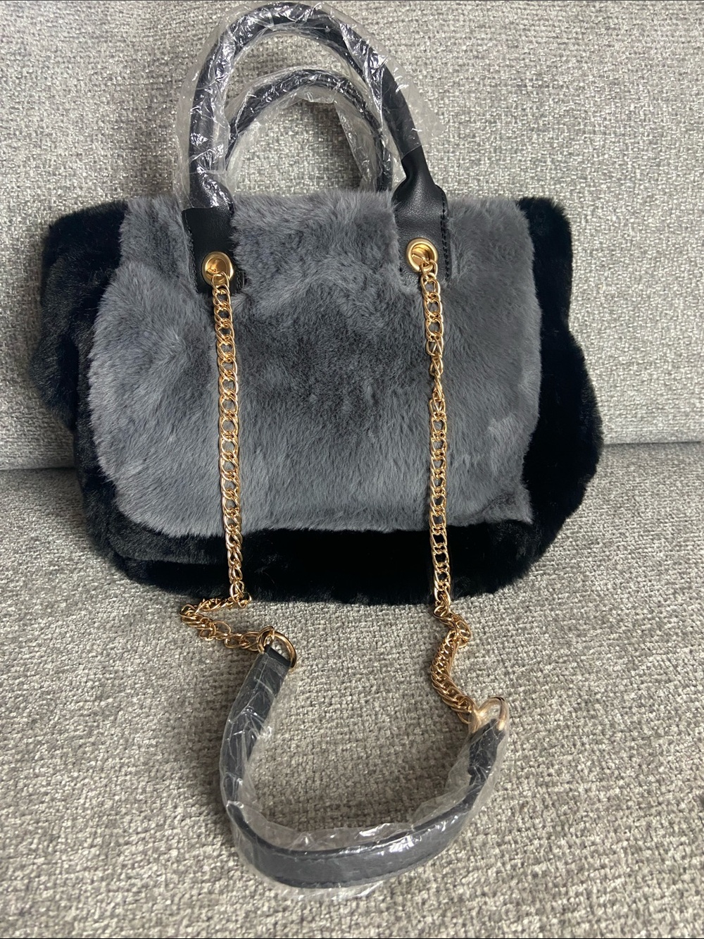 Faux Fur Black And Grey Crossbody Satchel Bag